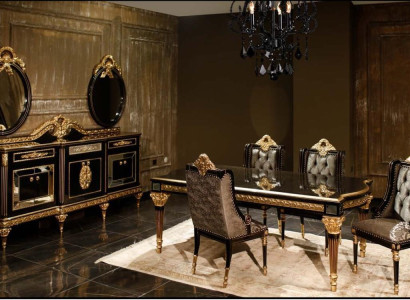 Schwarze Klassische Esszimmergarnitur Esstisch 4x Stühle Vitrine 7tlg